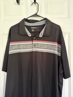 Reebok Men’s Black Polo with Gray and Coral Stripe